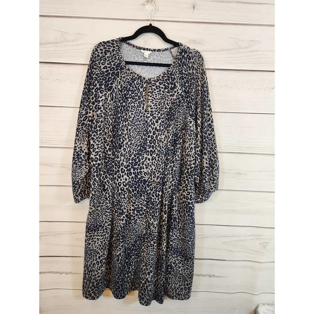 Cato Women's Beige Black Animal Print Long Sleeve Round Neck Midi Dress 22/24W - Picture 1 of 6